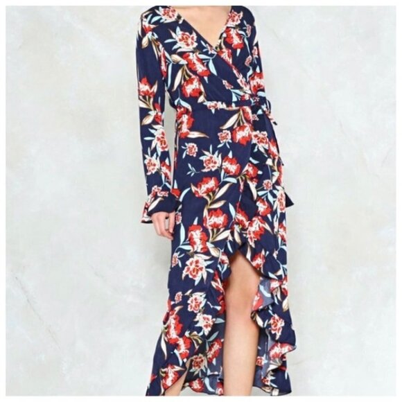 Nasty Gal Dresses & Skirts - Nasty Gal Navy Blue Floral Midi Wrap Dress, Med.